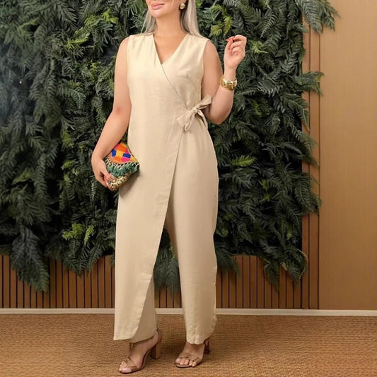 💃Női egyszínű alkalmi V-nyakú kötött jumpsuit