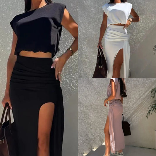 🌸Női elegáns felső és magas hasítékú szoknya szett