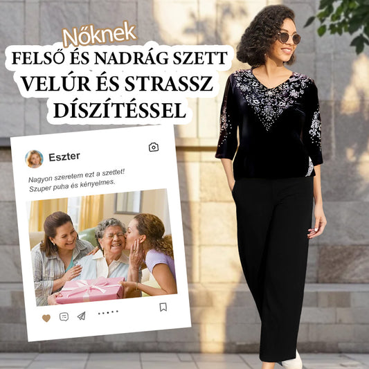 🎁Ingyenes nyakláncot kapsz💎Női szett bársony blúz kristályokkal és nadrág