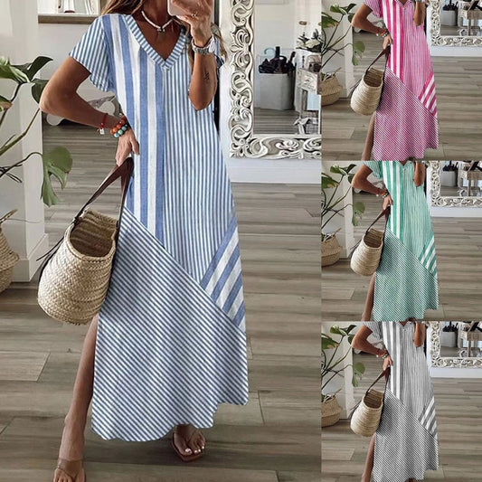 ✨Női csíkos V-nyakú ruha hasított résszel👗