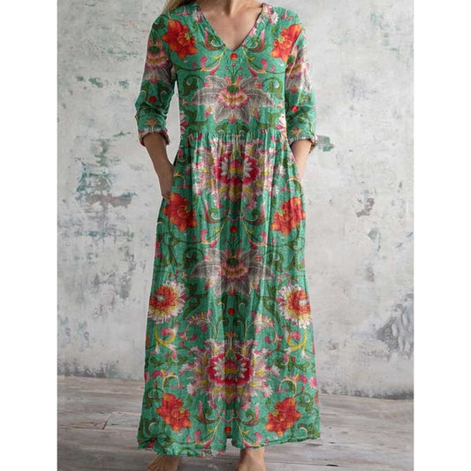 🌺Női retro nyomtatott V-nyakú hosszú ujjú ruha