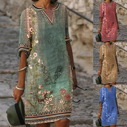 👗Etnikai mintás V-nyakú midi ruha✨