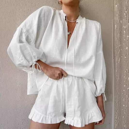 💜Női légáteresztő, elegáns, laza, puffos ujjú kétrészes ruha