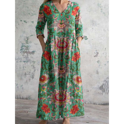 🌺Női retro nyomtatott V-nyakú hosszú ujjú ruha