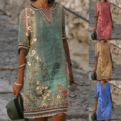 👗Etnikai mintás V-nyakú midi ruha✨
